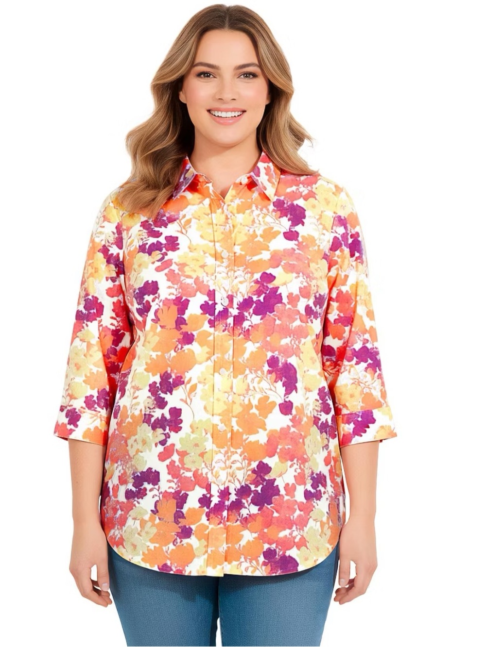 Woman Within Perfect Three Quarter Sleeve Shirt— (Sz.18/20) Sunshine Pop Floral
